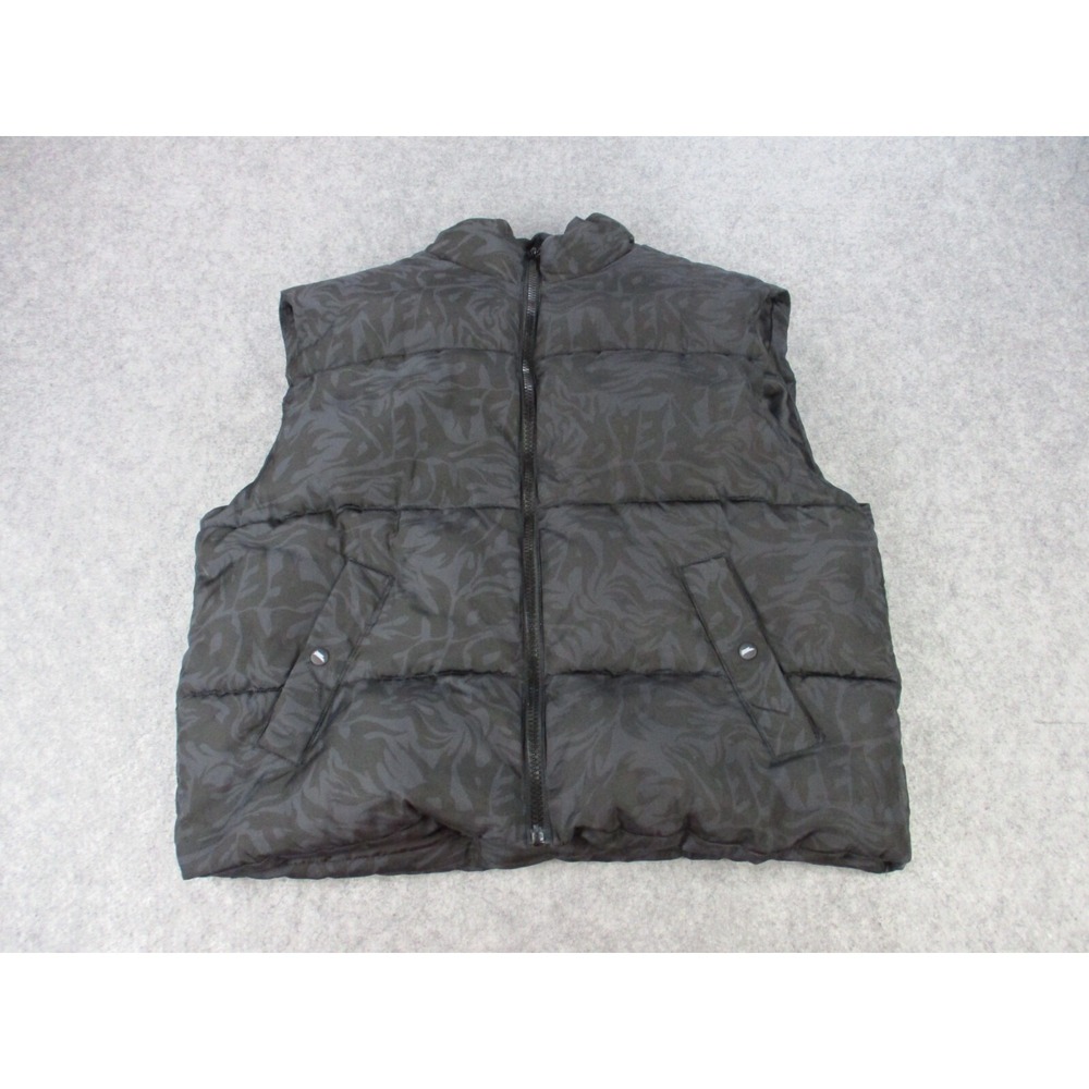 No Fear‎ Vest Women Large Black Blue Puffer Zip Up All Over Print H&M Sleeveless